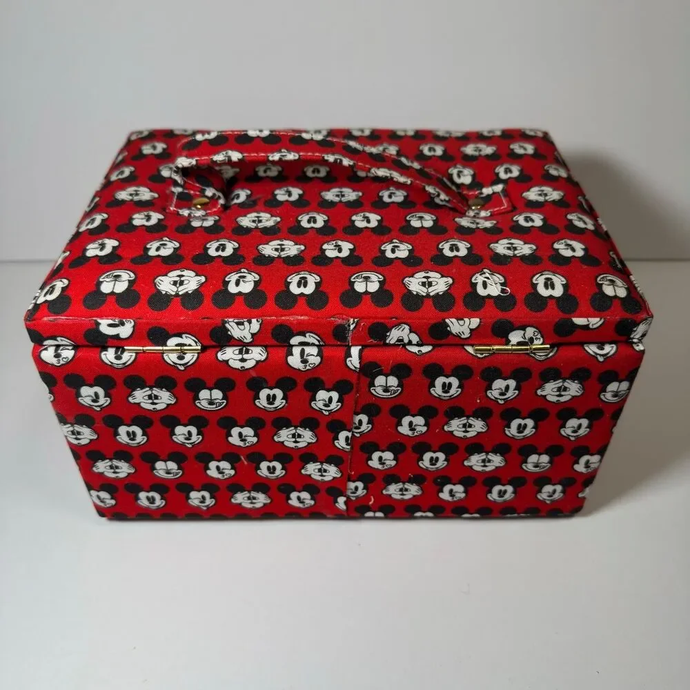 Disney Mickey Mouse Fabric Sewing Basket Box Organizer Handle Red Black Storage